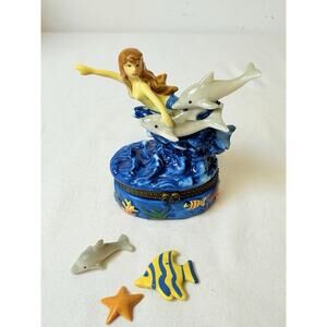 A Sea Mermaid Dolphin Hinged Trinket Box With Trinkets